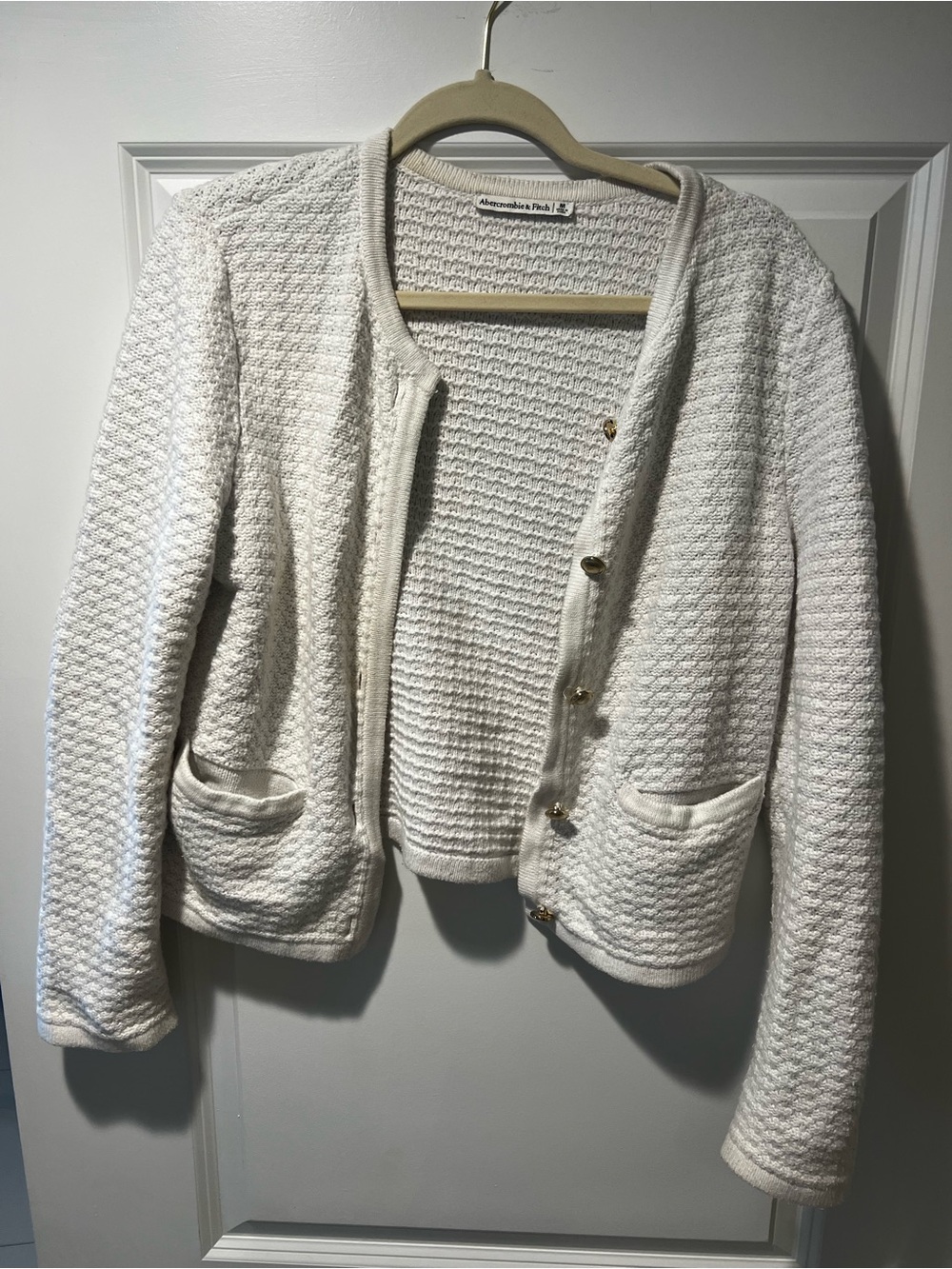 Abercrombie & Fitch Ivory Textured Open-Front Blazer with Gold Buttons